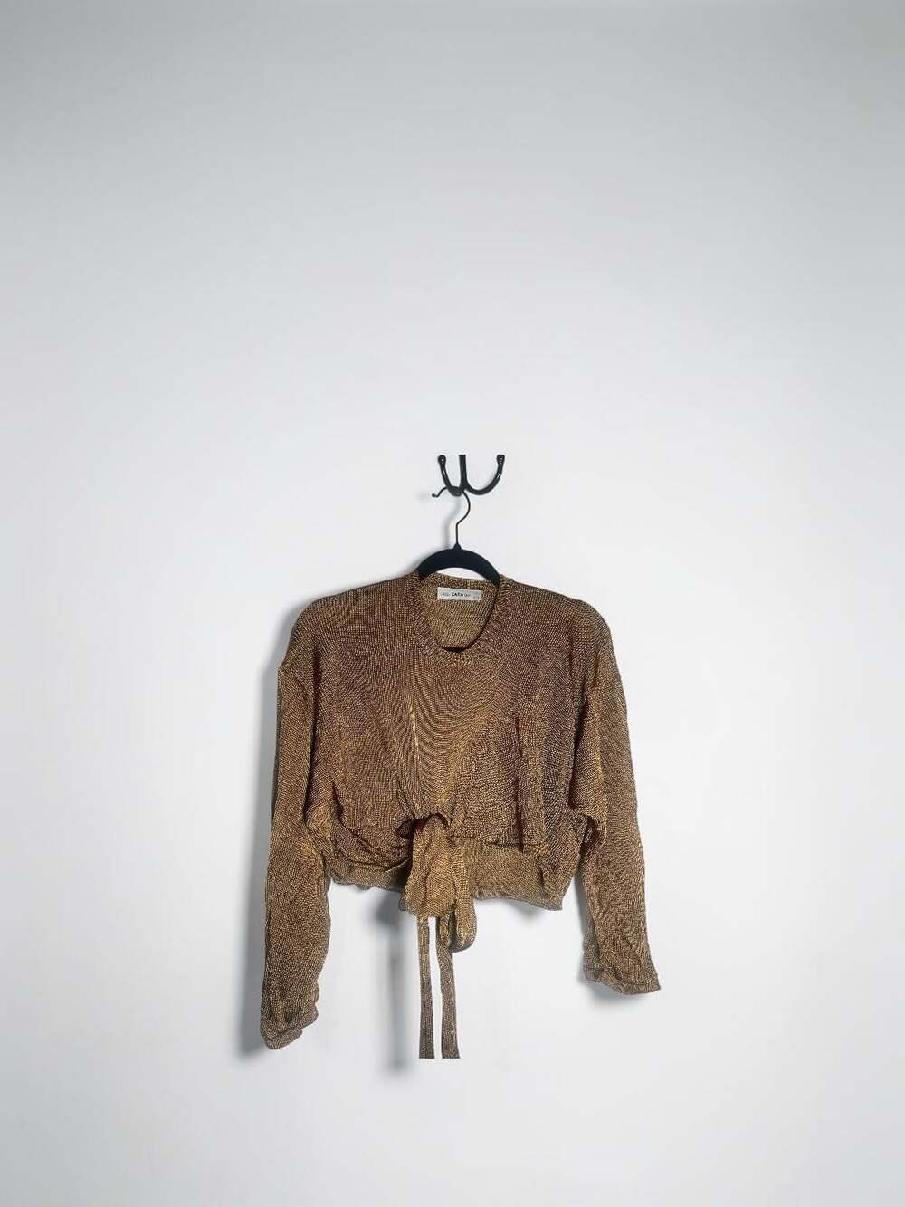 Zara Metallic Gold Knit Tie-Front Long Sleeve Cropped Top